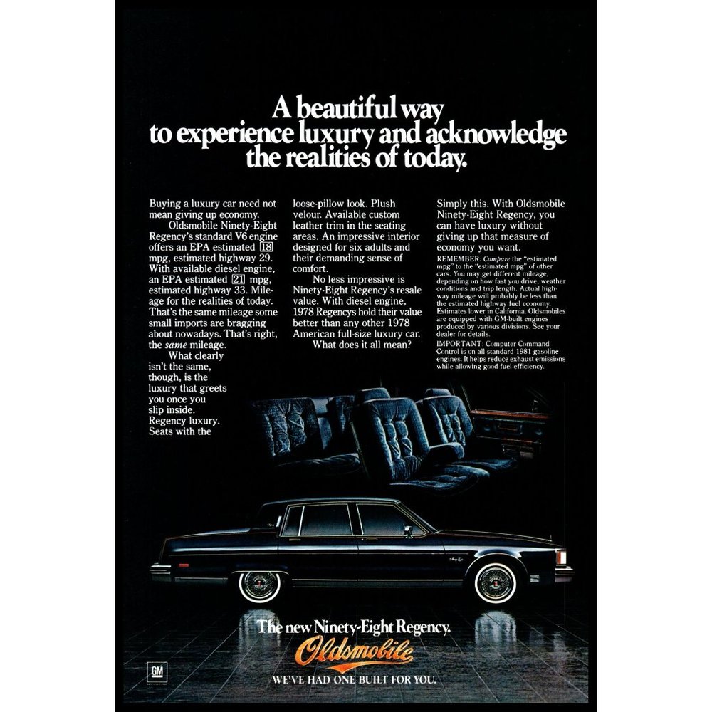 1981 Oldsmobile Ninety-Eight Regency 98 Vintage Print Ad Black Sedan Wall Art